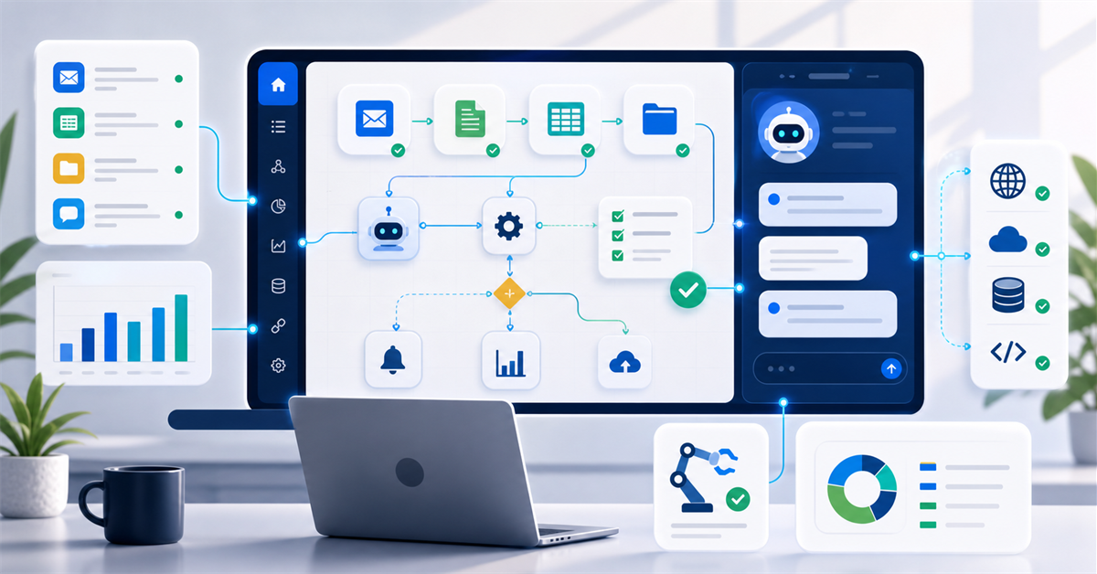 Interface de automação com IA conectando tarefas, APIs e revisão humana