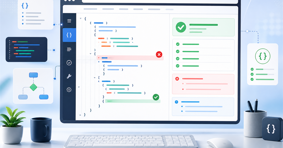 Interface de validação JSON online com marcações de erro e sucesso