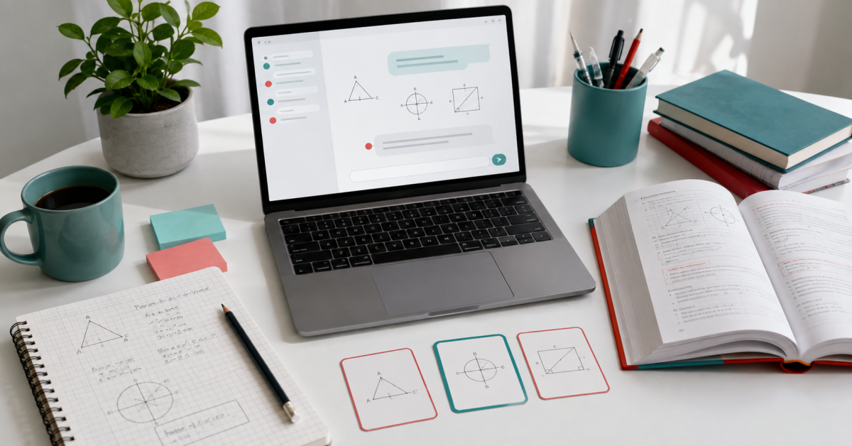 Notebook com assistente de IA, caderno de exercícios, cartões de revisão e livro de referência