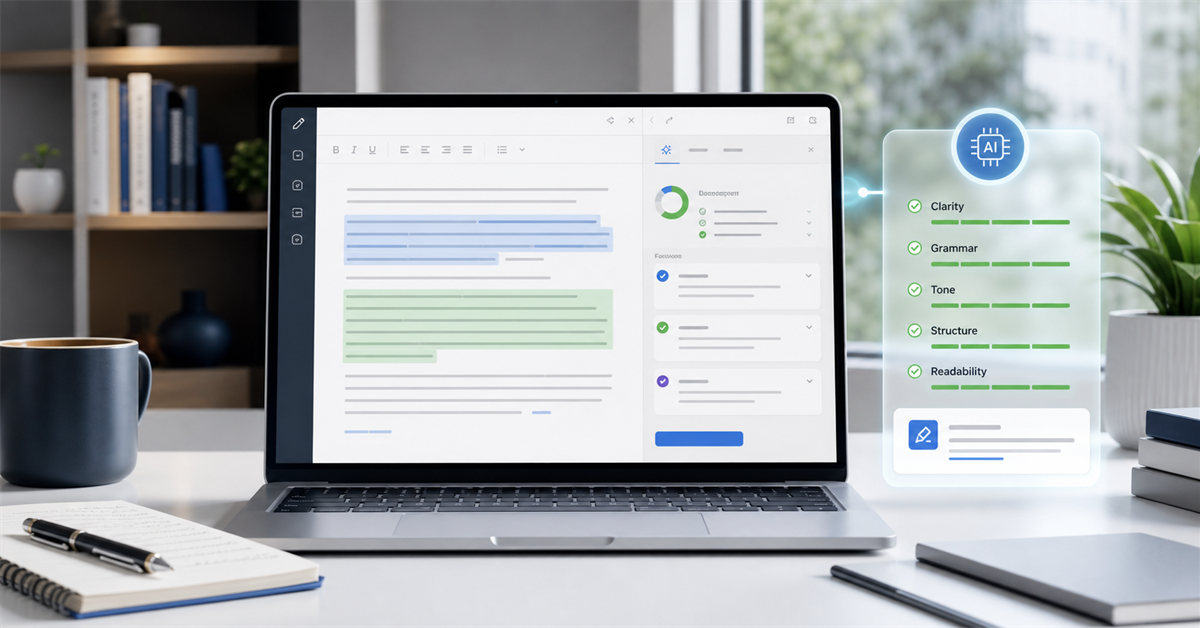 Interface digital com IA revisando texto antes da publicação