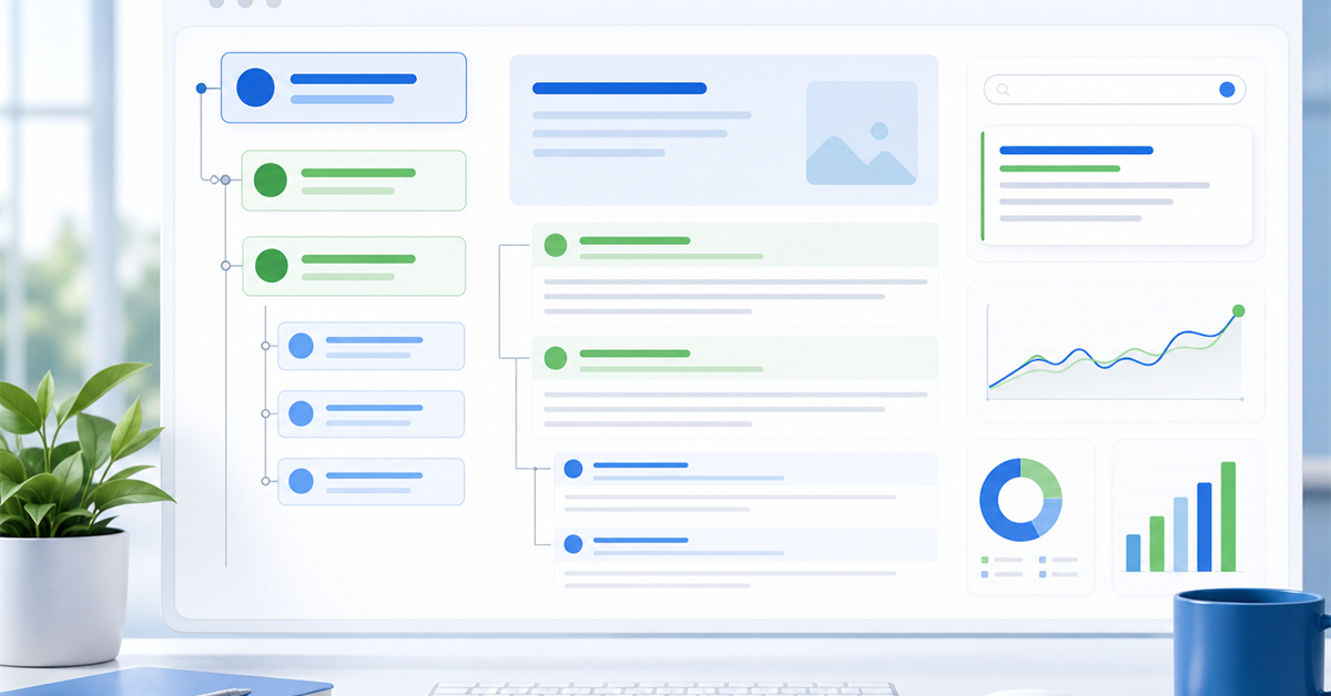 Interface digital mostrando a hierarquia de headings H1, H2 e H3 para SEO