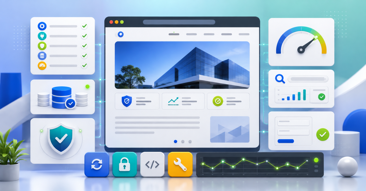 Painel de manutenção de site com checklist de SEO, segurança, performance, backups, formulários e monitoramento