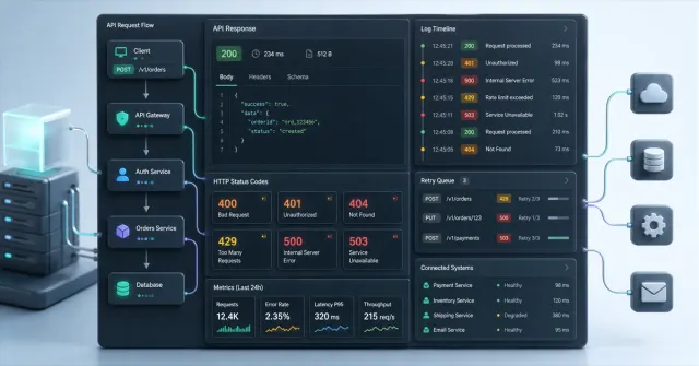Painel técnico com códigos HTTP, respostas de API, logs e fluxo de integração entre sistemas