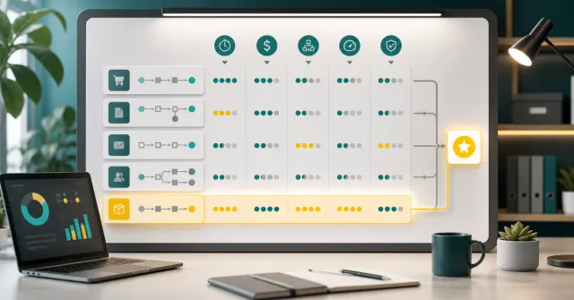Quadro de priorização de automação com processos, impacto, esforço, risco e clareza das regras