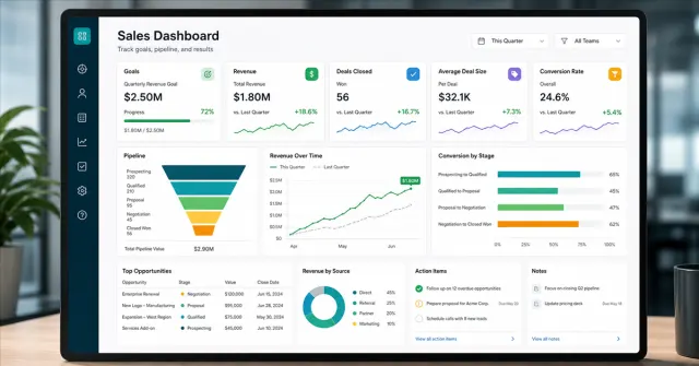 Dashboard de vendas com metas, funil comercial, receita, conversao e prioridades de acao
