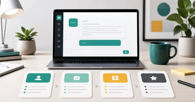 Mesa de trabalho com assistente de IA organizando um prompt em contexto, tarefa, formato e criterios de qualidade