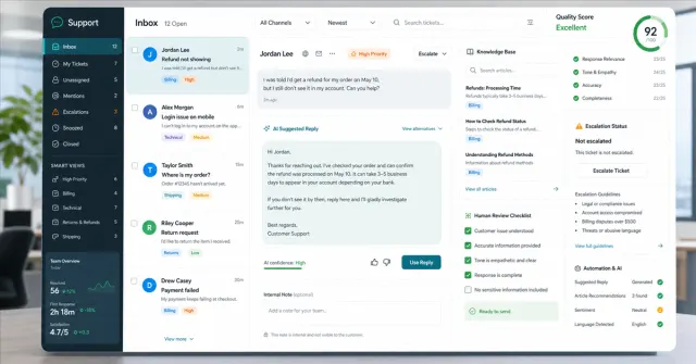 Interface de atendimento com IA sugerindo respostas, base de conhecimento, revisao humana e indicadores de qualidade