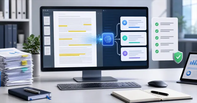 Interface com IA resumindo documento longo em pontos principais, checklist e referencias verificadas