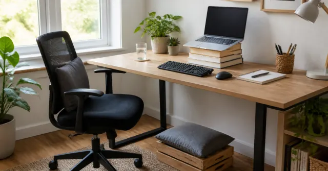 Home office com laptop elevado em livros, teclado separado, cadeira com apoio lombar e apoio para os pés