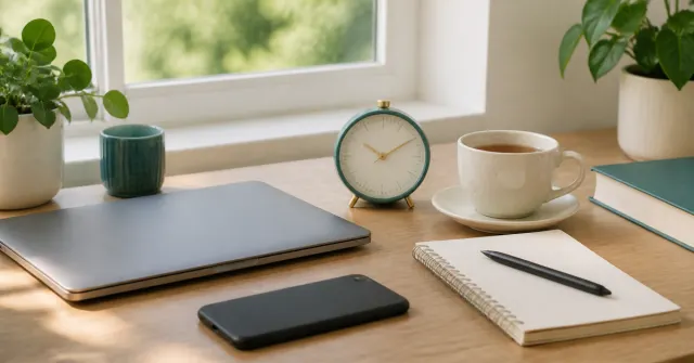 Mesa calma com celular em modo foco, relogio, livro, notebook fechado e rotina de uso consciente de telas