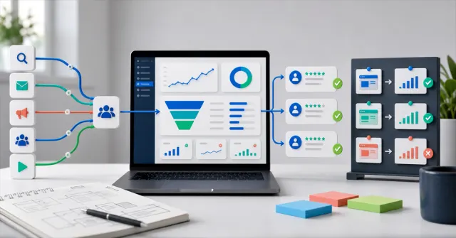 Dashboard de produto digital mostrando canais de aquisicao, funil de ativacao e feedback dos primeiros usuarios