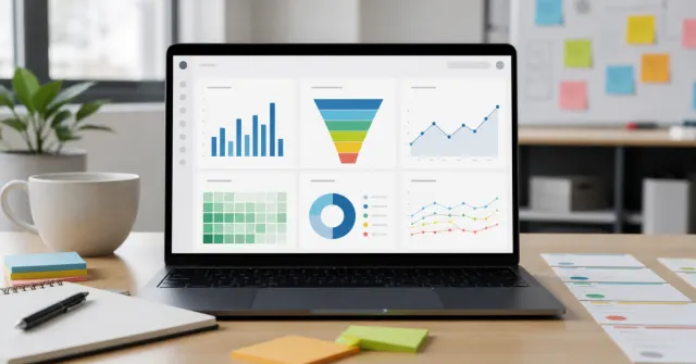 Dashboard enxuto de produto digital com funil, retenção, adoção de funcionalidades e cartões de aprendizado